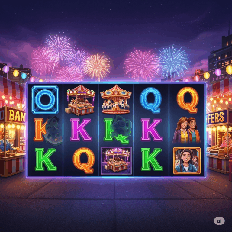 Slot dengan latar pasar malam penuh warna