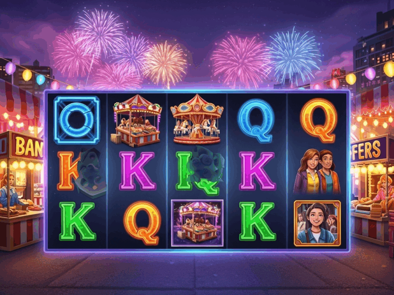 Slot dengan latar pasar malam penuh warna