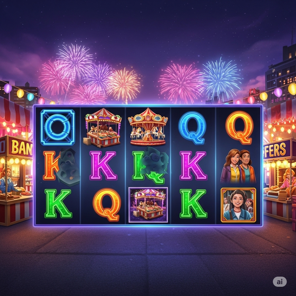 Slot dengan latar pasar malam penuh warna